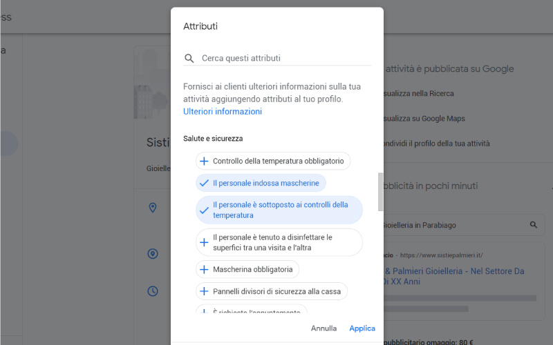 Attributi salute e sicurezza Google My Business